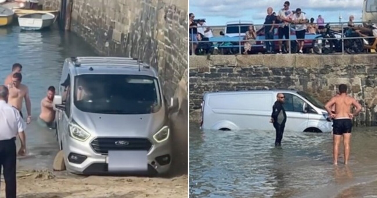 O motorista ignora os avisos para não estacionar na praia e sua van acaba flutuando no mar